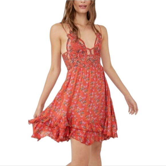 Free People Dresses & Skirts - Free People Ladies Size Small Floral Frilled Chemise Dress Orange